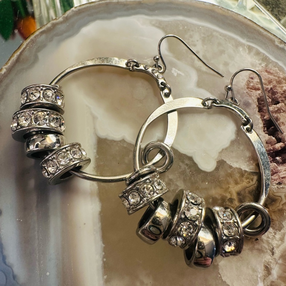 Contemporary Design Silver-tone Hoop Earrings with Crystal Accents